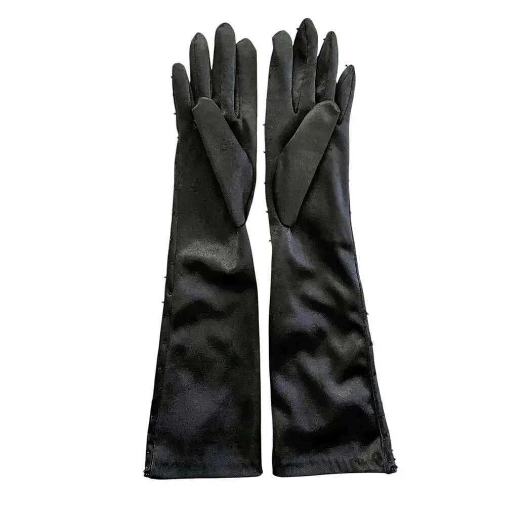 Vintage Beaded Black Satin Upper Forearm Long Formal Evening Gloves Size S/M